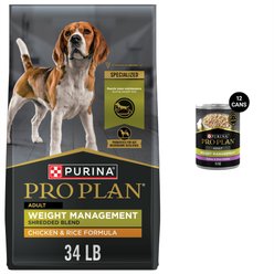 Purina Pro Plan Adult Weight Management Shredded Blend Chicken & Rice Formula Dry Food + Turkey & Rice Entree Morsels in Gravy Canned Dog Food