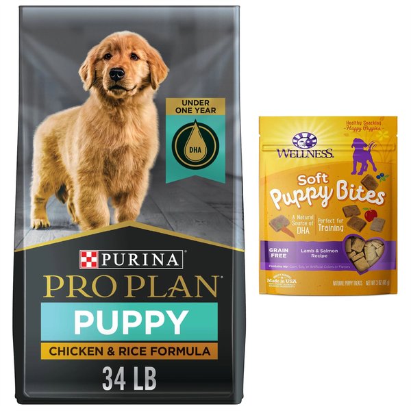 Purina Pro Plan Puppy Chicken & Rice Formula Dry Food + Wellness Soft Puppy Bites Lamb & Salmon Recipe Grain-Free Dog Treats slide 1 of 7