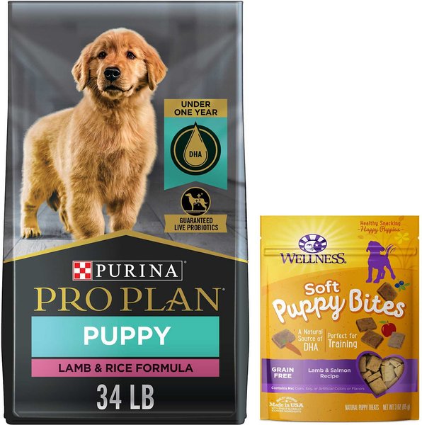 Purina Pro Plan Puppy Lamb & Rice Formula Dry Food + Wellness Soft Puppy Bites Lamb & Salmon Recipe Grain-Free Dog Treats slide 1 of 8