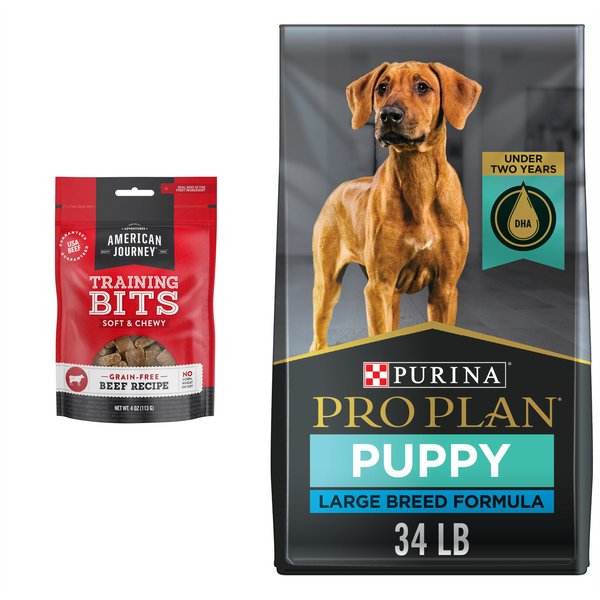 Purina Pro Plan Puppy Large Breed Chicken & Rice Formula with Probiotics Dry Food + American Journey Beef Recipe Grain-Free Soft & Chewy Training Bits Dog Treats slide 1 of 9
