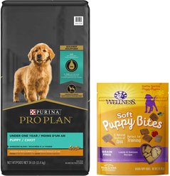 Purina Pro Plan Puppy Shredded Blend Chicken & Rice Formula with Probiotics Dry Food + Wellness Soft Puppy Bites Lamb & Salmon Recipe Grain-Free Dog Treats