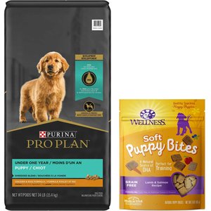 Purina Pro Plan Puppy Shredded Blend Chicken & Rice Formula with Probiotics Dry Food + Wellness Soft Puppy Bites Lamb & Salmon Recipe Grain-Free Dog Treats