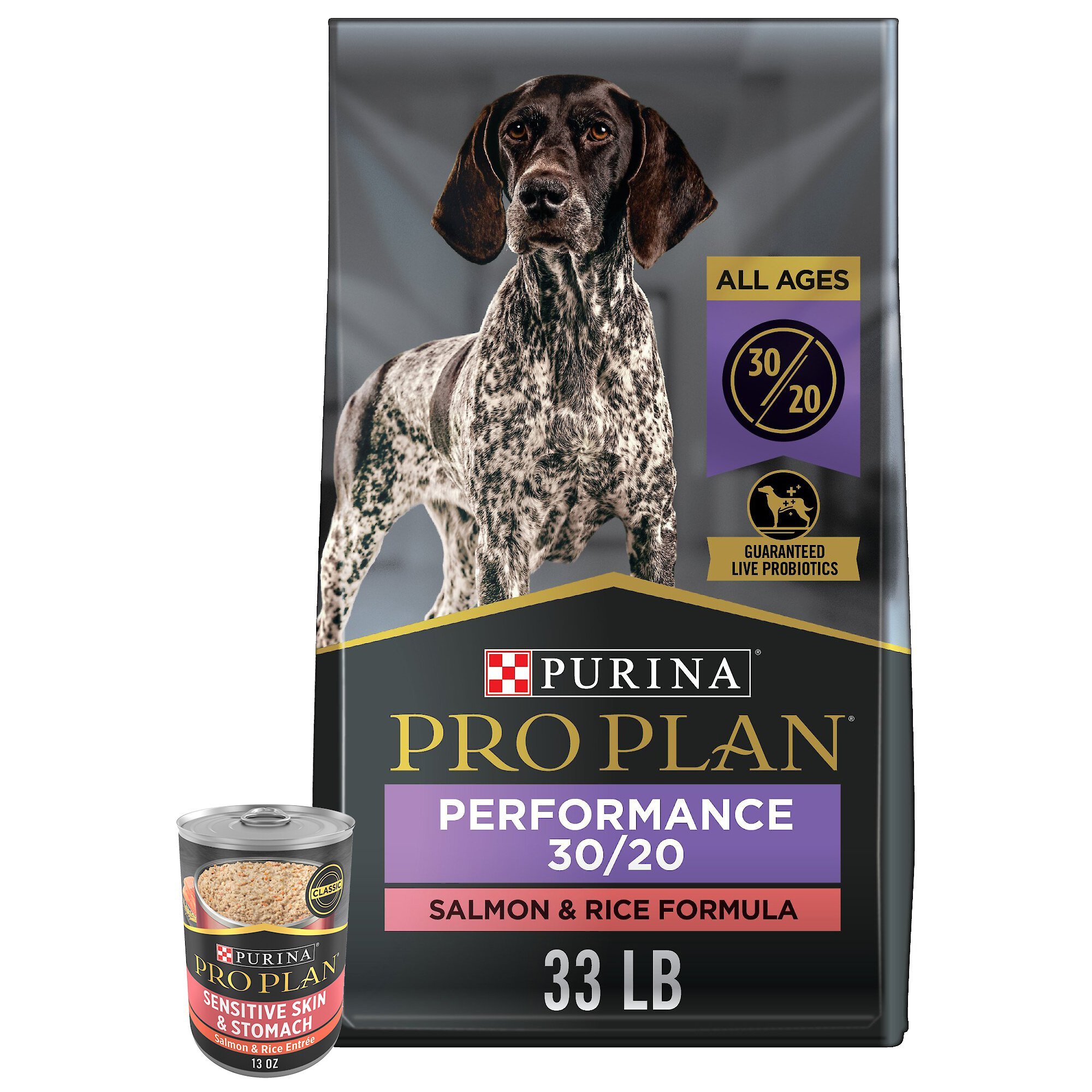 Sport Performance All Life Stages High-Protein 30/20 Salmon & Rice Formula Dry Dog Food & Purina Pro Plan Sensitive Skin & Stomach Pate Salmon & Rice Entree Wet Dog Food