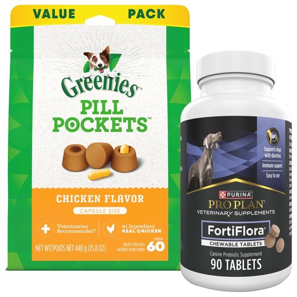 Purina Pro Plan Veterinary Diets FortiFlora Probiotic Gastrointestinal Support Chewable Supplement + Greenies Pill Pockets Canine Chicken Flavor Dog Treats slide 1 of 7
