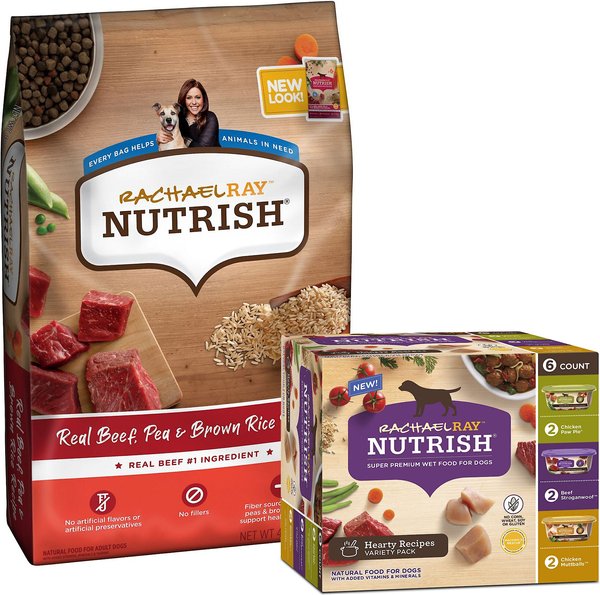 Rachael Ray Nutrish Natural Beef, Pea, & Brown Rice Recipe Dry Food + Natural Hearty Recipes Wet Dog Food slide 1 of 9