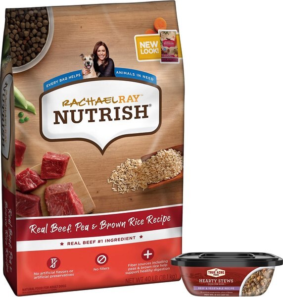Rachael Ray Nutrish Natural Beef, Pea, & Brown Rice Recipe Dry Food + True Acre Foods Hearty Stews, Beef & Vegetable Recipe Wet Dog Food slide 1 of 9
