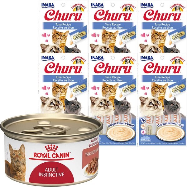 Royal Canin Feline Health Nutrition Adult Instinctive Thin Slices in Gravy Canned Food + Inaba Churu Grain-Free Tuna Puree Lickable Cat Treat slide 1 of 5