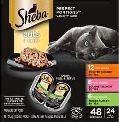 Sheba Perfect Portions Grain-Free Multipack Roasted Chicken, Gourmet Salmon & Tender Turkey Cuts in Gravy Food Trays + Greenies Feline Smartbites Healthy Indoor Chicken Flavored Cat Treats slide 2 of 8