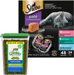 Sheba Perfect Portions Seafood Pate Grain-Free Food Trays + Greenies Feline Greenies Smartbites Healthy Indoor Tuna Flavored Cat Treats