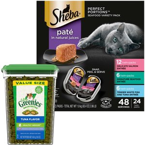 Sheba Perfect Portions Seafood Pate Grain-Free Food Trays + Greenies Feline Greenies Smartbites Healthy Indoor Tuna Flavored Cat Treats