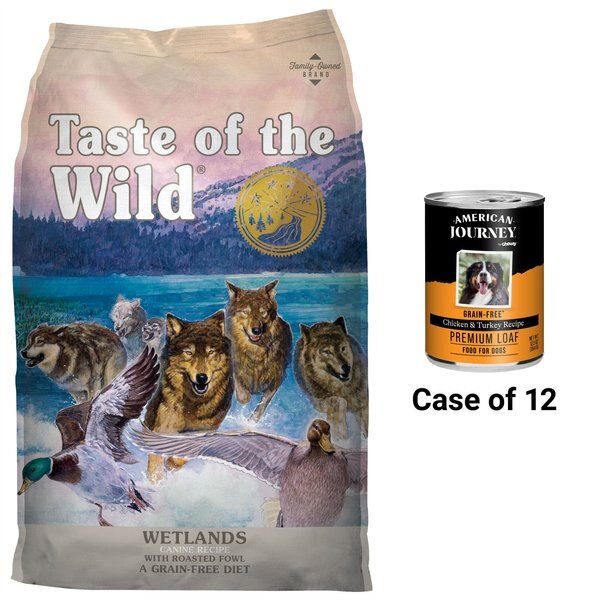 Taste of the Wild Wetlands Grain-Free Dry Food + American Journey Chicken & Turkey Recipe Grain-Free Canned Dog Food slide 1 of 9
