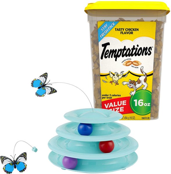 Temptations Tasty Chicken Flavor Treats + Frisco Cat Tracks Butterfly Cat Toy slide 1 of 6