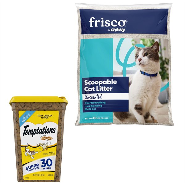 Temptations Tasty Chicken Flavor Treats + Frisco Multi-Cat Unscented Clumping Clay Cat Litter slide 1 of 9