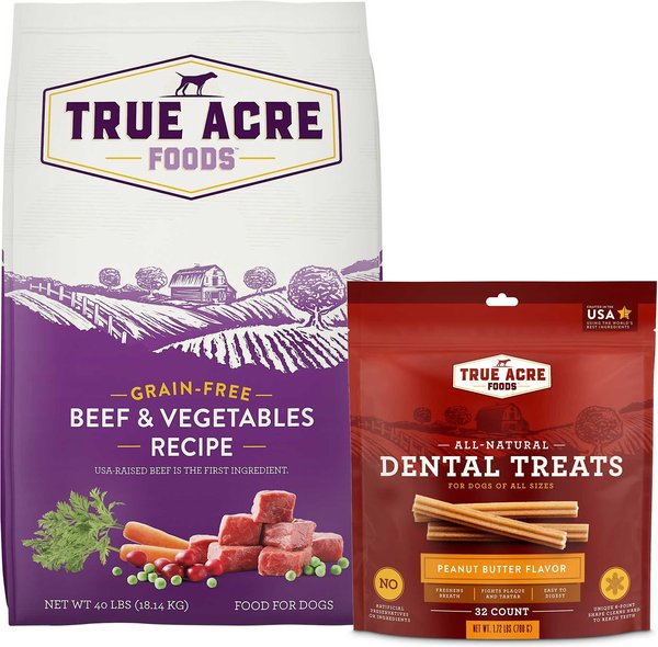 True Acre Foods Grain-Free Beef & Vegetable Dry Dog Food + All-Natural Dental Chew Sticks, Peanut Butter Flavor slide 1 of 8