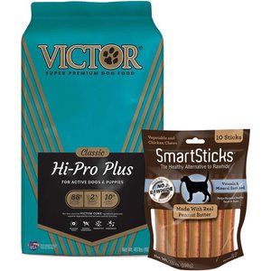 VICTOR Classic Hi-Pro Plus Formula Dry Food + SmartBones SmartSticks Peanut Butter Chews Dog Treats