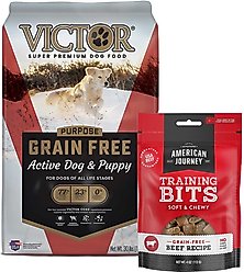 VICTOR Purpose Active Dog & Puppy Formula Grain-Free Dry Food + American Journey Beef Recipe Grain-Free Soft & Chewy Training Bits Dog Treats