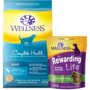 Wellness Complete Health Adult Whitefish & Sweet Potato Recipe Dry Food + WellBites Lamb & Salmon Recipe Soft & Chewy Grain-Free Dog Treats