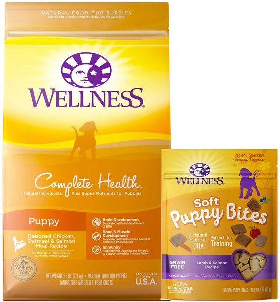 Wellness Complete Health Puppy Deboned Chicken, Oatmeal & Salmon Meal Recipe Dry Food + Soft Puppy Bites Lamb & Salmon Recipe Grain-Free Dog Treats slide 1 of 6