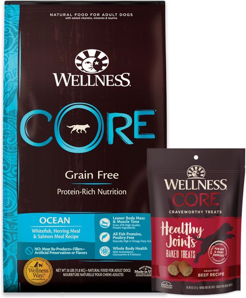 Wellness CORE Ocean Whitefish, Herring & Salmon Recipe Dry Food + Marrow Roasts Hearty Beef Recipe Dog Treats slide 1 of 9