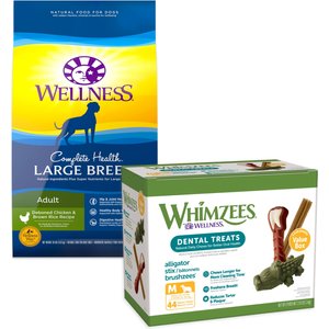 Wellness Large Breed Complete Health Adult Deboned Chicken & Brown Rice Recipe Dry Food + WHIMZEES Natural Dental Chews Medium Breed Value Box Dog Treats