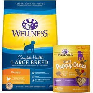 Wellness Large Breed Complete Health Puppy Deboned Chicken, Brown Rice & Salmon Meal Recipe Dry Food + Soft Puppy Bites Lamb & Salmon Recipe Grain-Free Dog Treats