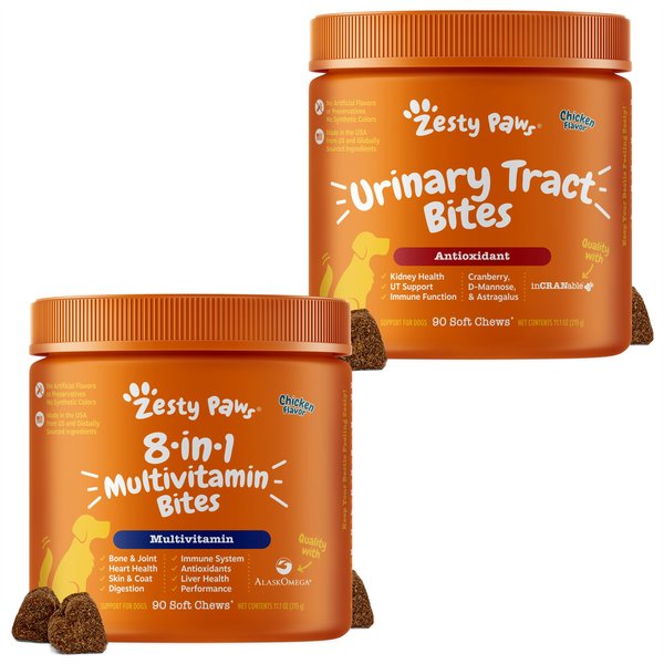 Zesty Paws 8-in-1 Multivitamin Bites + Cranberry Bladder Bites Urinary Tract Support Chicken Liver Flavor Chews for Dogs slide 1 of 9
