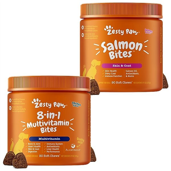 Zesty Paws 8-in-1 Multivitamin Bites + Salmon Bites Skin & Coat Dog Supplement slide 1 of 9
