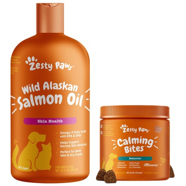 Zesty Paws Behavior Functional Peanut Butter Flavored Soft Chews Supplement + Wild Alaskan Salmon Oil Skin & Coat Support Dog & Cat Supplement slide 1 of 9