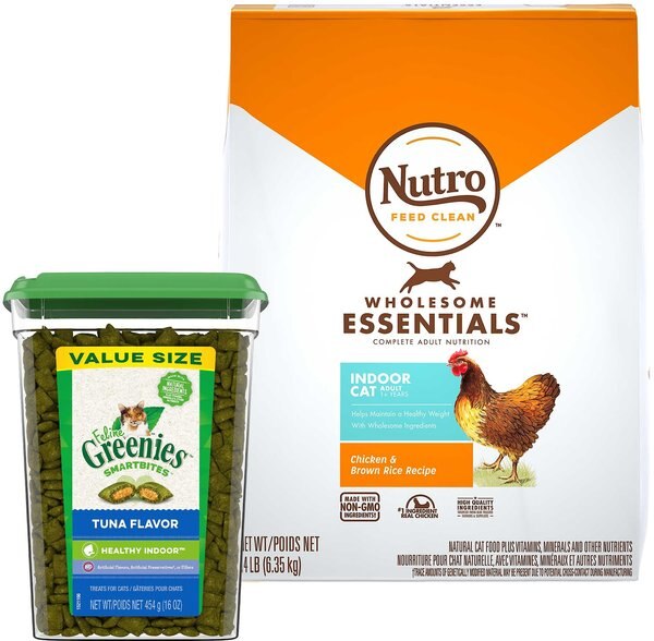 Nutro Wholesome Essentials Indoor Chicken & Brown Rice Recipe Adult Dry Food + Greenies Feline Greenies Smartbites Healthy Indoor Tuna Flavored Cat Treats slide 1 of 6