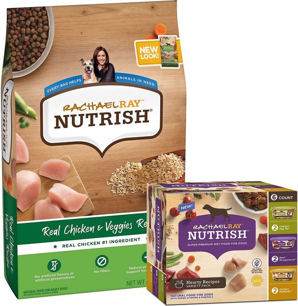 Rachael Ray Nutrish Natural Chicken & Veggies Recipe Dry Food + Natural Hearty Recipes Wet Dog Food slide 1 of 9