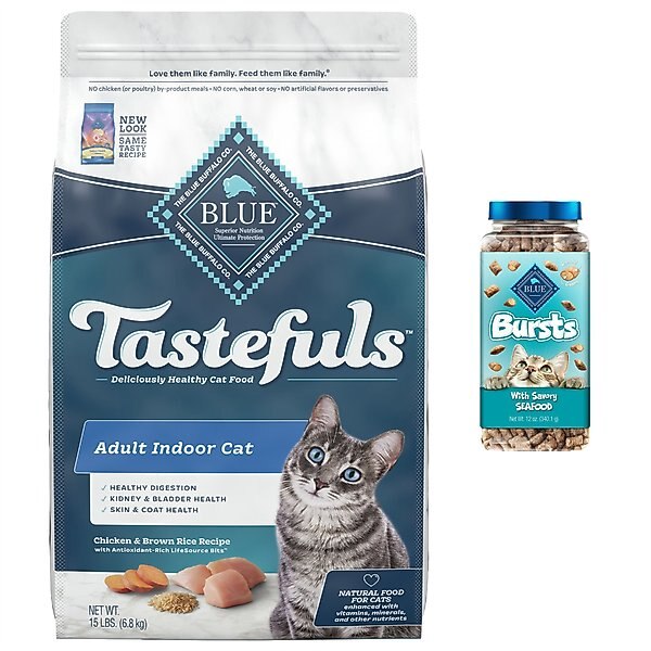 Blue Buffalo Indoor Health Chicken & Brown Rice Recipe Adult Dry Food + Bursts with Savory Seafood Cat Treats slide 1 of 9