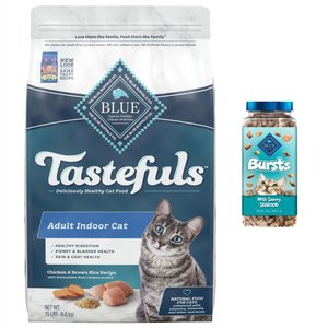 Blue Buffalo Indoor Health Chicken & Brown Rice Recipe Adult Dry Food + Bursts With Savory Seafood Cat Treats