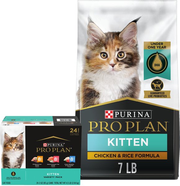 Purina Pro Plan Kitten Chicken & Rice Formula Dry Food + FOCUS Kitten Favorites Wet Kitten Food slide 1 of 9