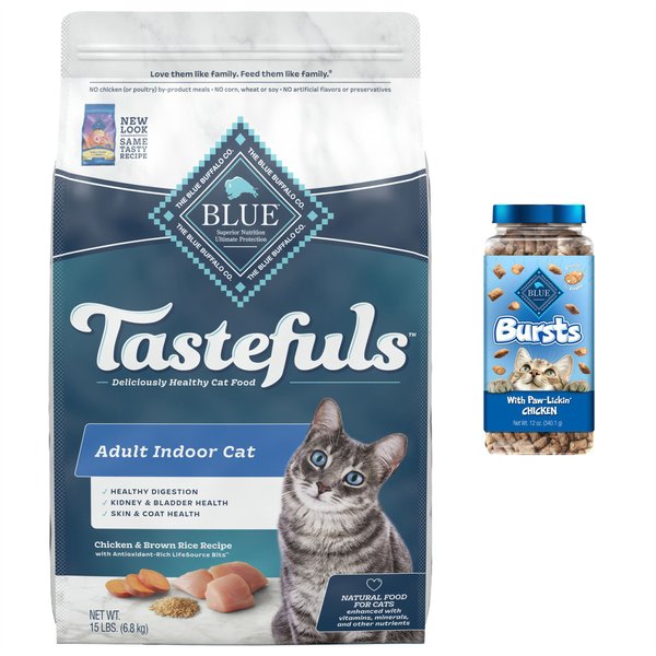 Blue Buffalo Indoor Health Chicken & Brown Rice Recipe Adult Dry Food + Bursts with Paw-Licken Chicken Cat Treats slide 1 of 9