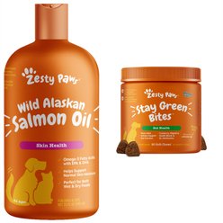 Zesty Paws Grass Defense Stay Green Bites Digestive & Immune Health Chicken Flavor Supplement + Wild Alaskan Salmon Oil Skin & Coat Support Dog & Cat Supplement