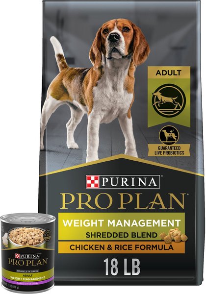 Purina Pro Plan Adult Weight Management Shredded Blend Chicken & Rice Formula Dry Food, 18-lb bag + Turkey & Rice Entree Morsels in Gravy Canned Dog Food slide 1 of 9