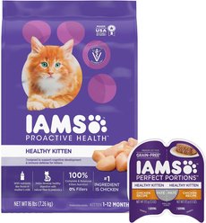 Iams ProActive Health Kitten Dry Food + Perfect Portions Healthy Kitten Chicken Recipe Pate Grain-Free Cat Food Trays