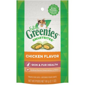 Greenies Feline SmartBites Healthy Skin & Fur Natural Chicken Flavor Soft & Crunchy Adult Cat Treats, 2.1-oz bag, bundle of 2