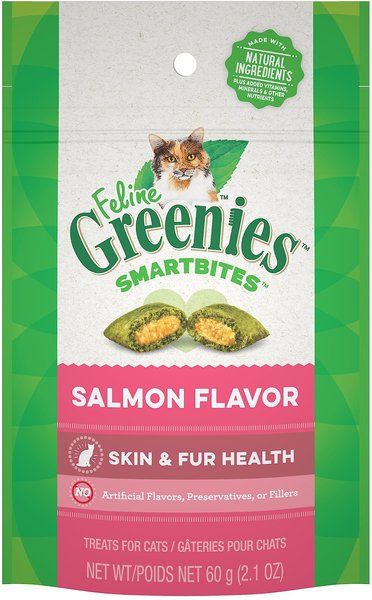 Greenies Feline SmartBites Healthy Skin & Fur Natural Salmon Flavor Soft & Crunchy Adult Cat Treats, 2.1-oz bag, bundle of 6 slide 1 of 10