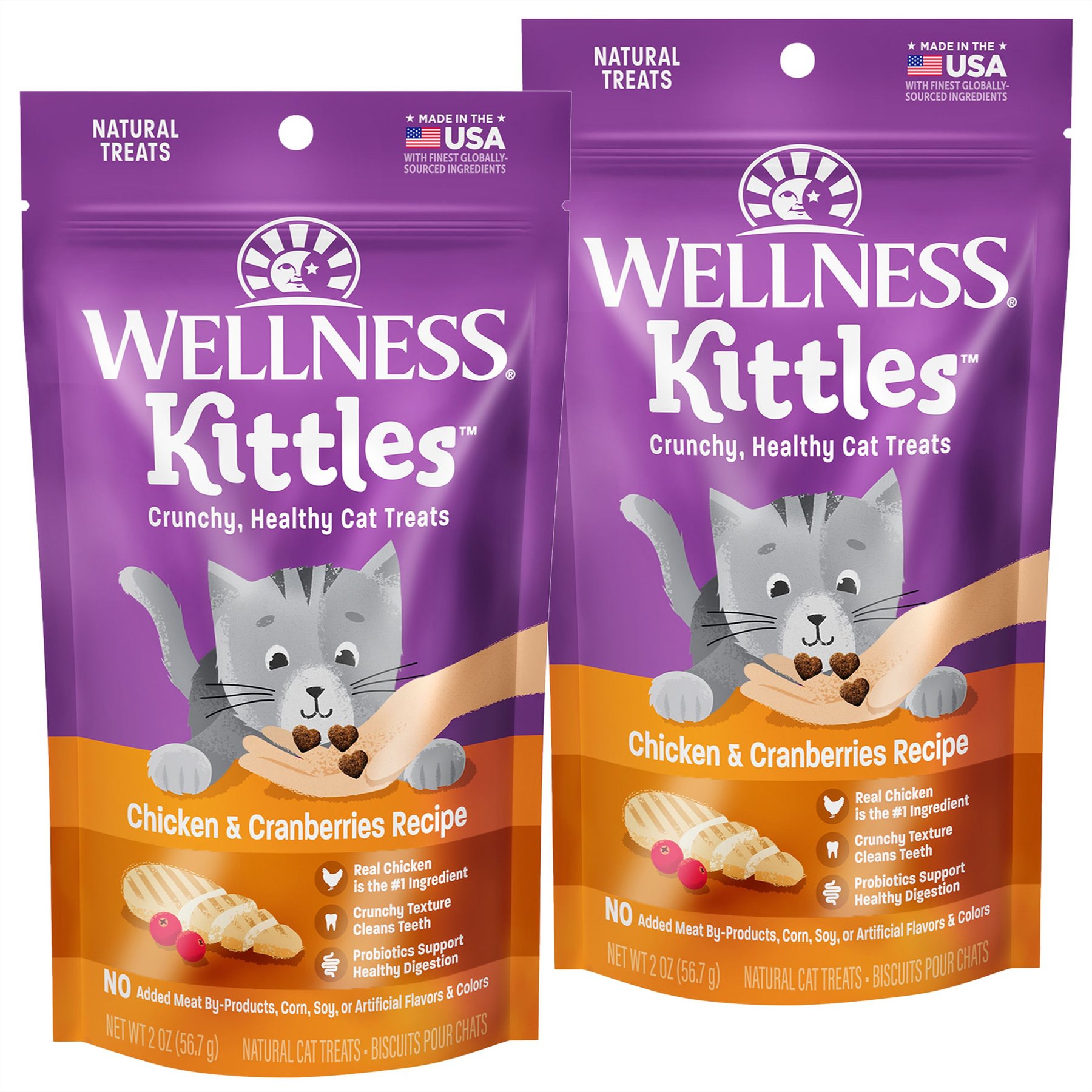 Wellness Kittles Natural Grain Free Chicken Cranberries Recipe Crunchy Cat Treats 2 oz bag pack of 2