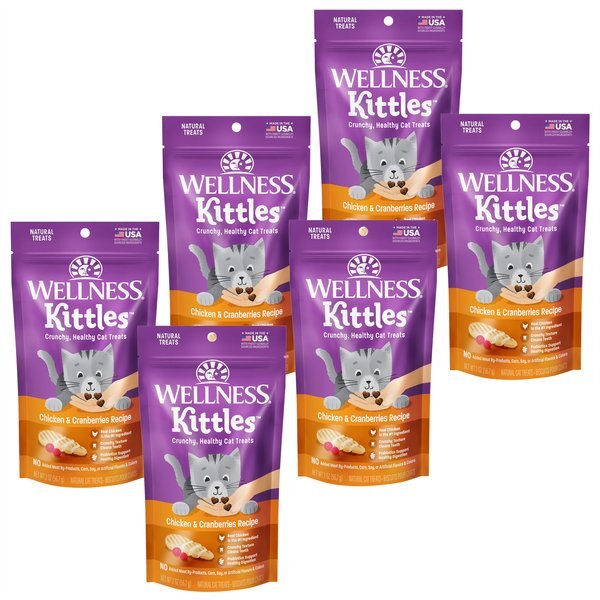 Wellness Kittles Natural Grain-Free Chicken & Cranberries Recipe Crunchy Cat Treats, 2-oz bag, bundle of 6 slide 1 of 7
