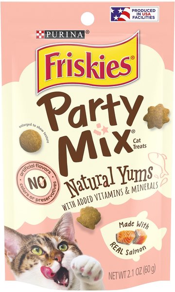 Friskies Party Mix Natural Yums with Real Salmon Flavor Crunchy Cat Treats, 2.1-oz bag, pack of 2 slide 1 of 9