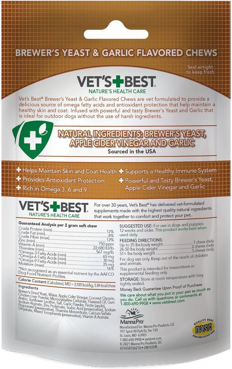 VET'S BEST Healthy Skin & Coat Protection Brewer's Yeast & Garlic Flavored Chews Dog Supplement