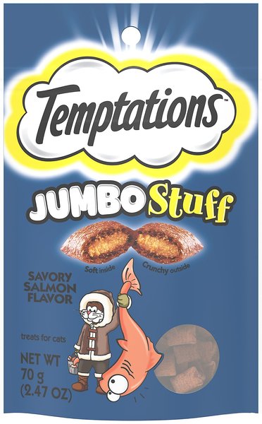 Temptations Jumbo Stuff Savory Salmon Flavor Cat Treats, 2.5-oz bag, bundle of 6 slide 1 of 8