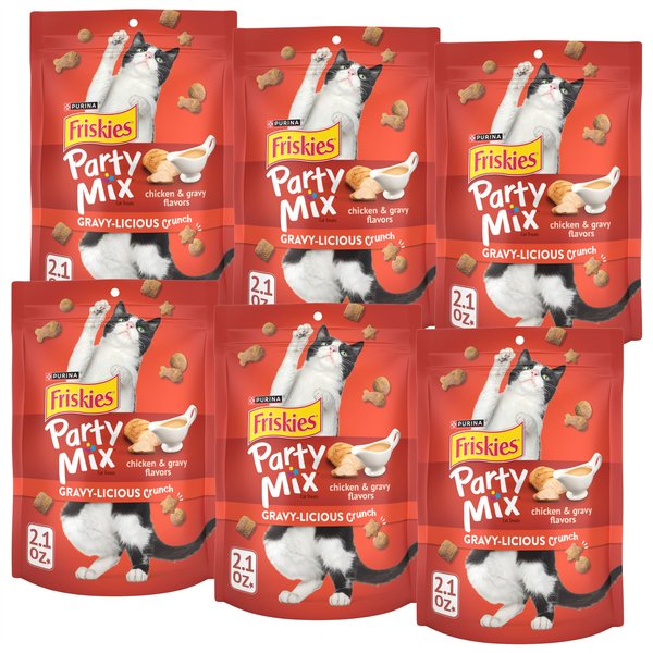 Friskies Party Mix Gravy-licious Chicken & Gravy Flavors Crunchy Cat Treats, 2.1-oz bag, pack of 6 slide 1 of 11