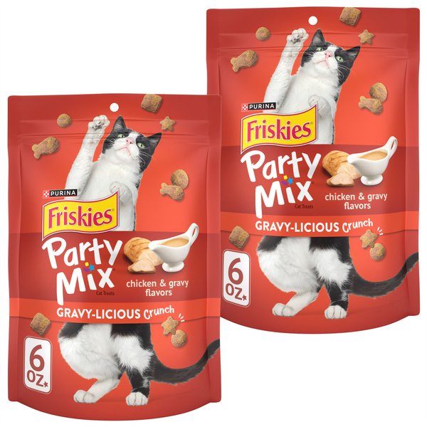 Friskies Party Mix Gravy-licious Chicken & Gravy Flavors Crunchy Cat Treats, 6-oz bag, pack of 2 slide 1 of 11