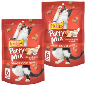 Friskies Party Mix Gravy-licious Chicken & Gravy Flavors Crunchy Cat Treats, 6-oz bag, bundle of 2