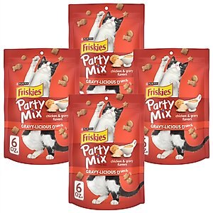 Friskies Party Mix Gravy-licious Chicken & Gravy Flavors Crunchy Cat Treats, 6-oz bag, pack of 4