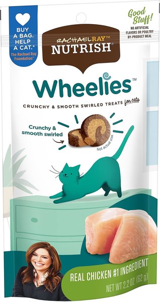 Rachael Ray Nutrish Wheelies Real Chicken Crunchy & Smooth Swirled Cat Treats, 2.2-oz pouch, pack of 2 slide 1 of 3