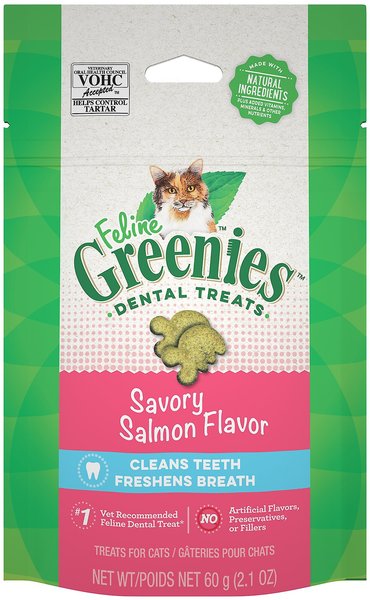 Greenies Feline Savory Salmon Flavor Adult Dental Cat Treats, 2.1-oz bag, bundle of 2 slide 1 of 8